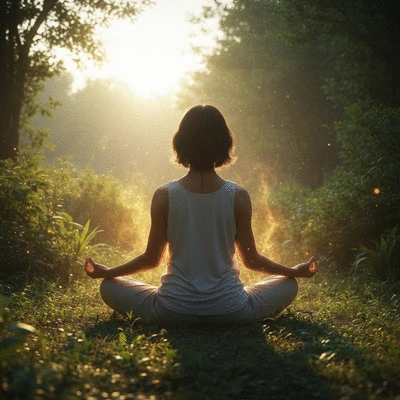 Person meditating in a serene, natural setting with glowing energy around them