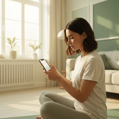 Woman using a wellness app on her phone, tracking her progress in a serene home environment