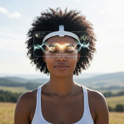 Person meditating with neurofeedback device on their head, showing brain activity on a futuristic screen, no text, no words, no typography