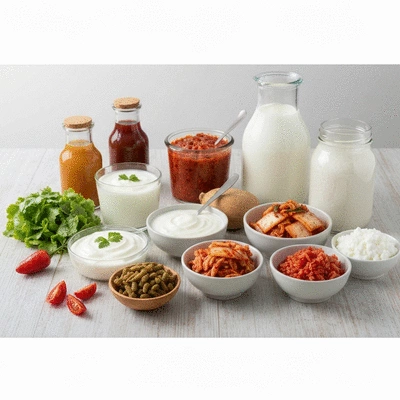 Assortment of fermented foods like yogurt, kimchi, and kefir on a wooden table