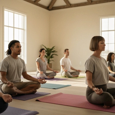 Diverse group of people participating in a mindful energy healing workshop, with soft lighting and a sense of community, clean image