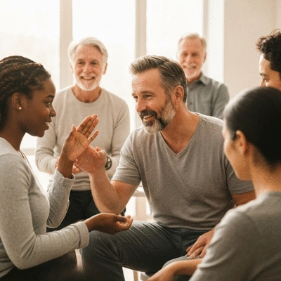 Diverse group of people attending a holistic health workshop, engaged and interacting