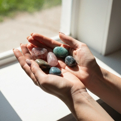 Hands holding a variety of polished healing crystals