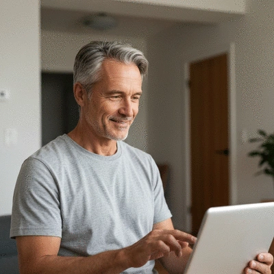 Person using a tablet or laptop for a virtual healing session, showing a calm and focused expression