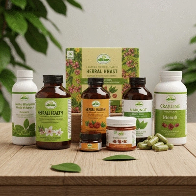 Assortment of herbal supplements and natural health products on a clean, modern wooden table, with green leaves in the background, no text, no words, no typography, 8K, natural lighting