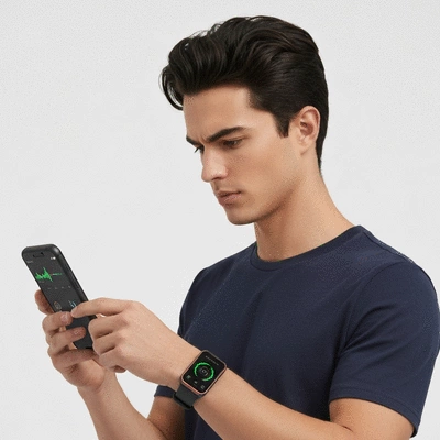 Person wearing a stylish, modern wearable health device on their wrist, looking at data on a smartphone, clean background, no text, no words, no typography, 8K