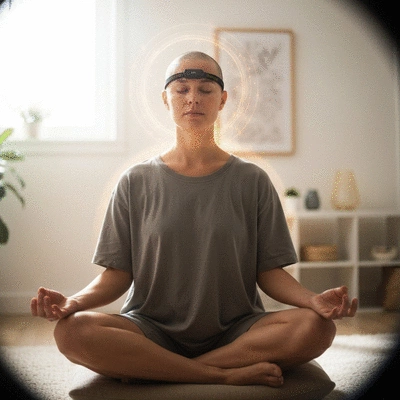 A person meditating with a biofeedback headband, surrounded by a subtle aura of calm energy