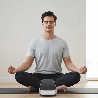 Person meditating with a mind-body device, showing serene and peaceful expression, modern clean background