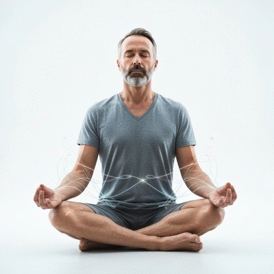 Person meditating with subtle energy lines around them, representing energy flow and balance, clean image