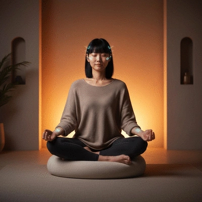 Person meditating calmly with biofeedback sensors visible on their head, in a serene environment