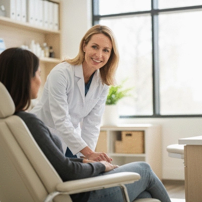 Healthcare professional discussing natural treatments with a patient in a modern clinic setting