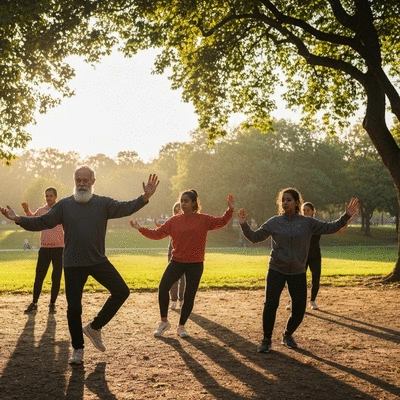 People practicing Tai Chi or Qigong outdoors in a serene park setting