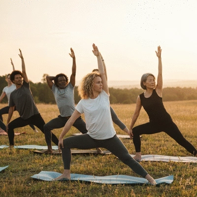 Diverse group of people participating in a wellness retreat, practicing yoga outdoors during sunset