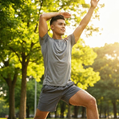 Person making healthy lifestyle choices, such as eating fresh fruit or doing light exercise