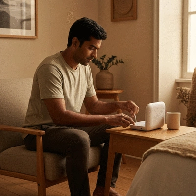 Person setting up a non-wearable sleep device, such as a smart sound machine or light therapy device, on a bedside table in a cozy bedroom setting