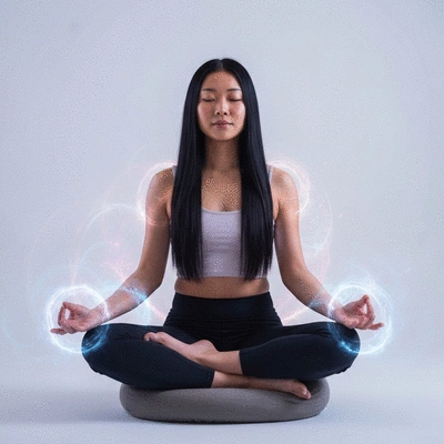 Person meditating with subtle energy light effects around them, representing virtual energy healing