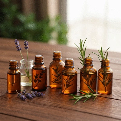 Collection of various essential oil bottles with natural botanical elements on a wooden surface