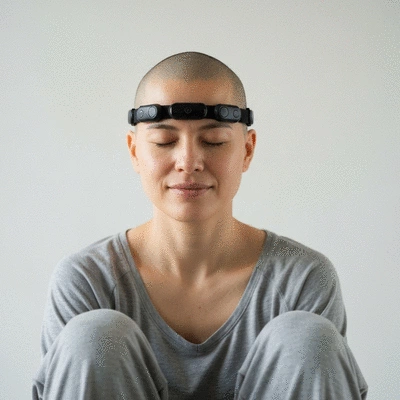 Person using a wearable mind-body device to track stress levels, showing calm and relaxed expression