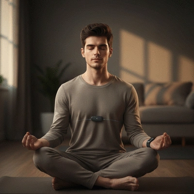 Person meditating with a mind-body device, showing integration of technology and mindfulness