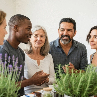 A diverse group of people engaged in a discussion about natural health and wellness, possibly at a community event or workshop, with herbal plants in the foreground, no text, no words, no typography, 8K, natural lighting