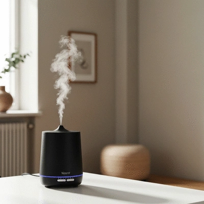 Modern aromatherapy diffuser emitting a gentle mist in a calm, minimalist home setting