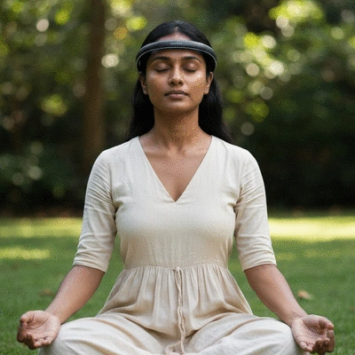 Person using a mind-body device to meditate, serene and focused