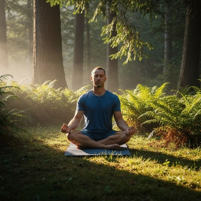 Person meditating in a serene, natural setting, radiating calm and balance