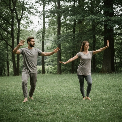 Two people engaged in a meditative Qigong practice outdoors, serene atmosphere